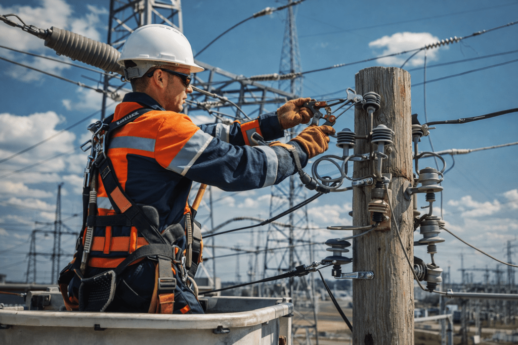 Electrical workers maintaining power lines and utility poles