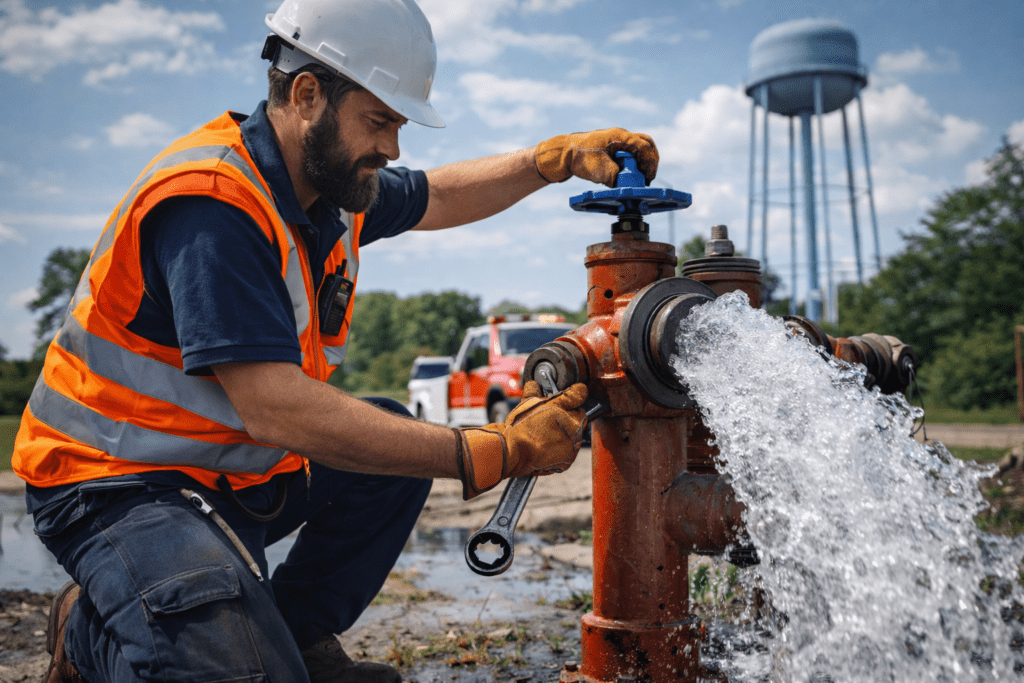Technician repairing water infrastructure pipeline system