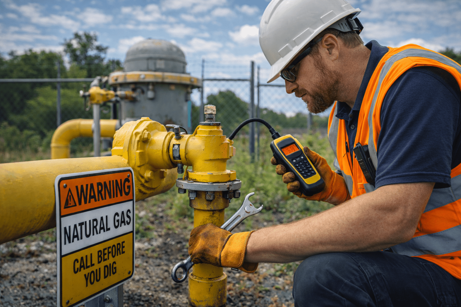 Utility worker inspecting gas pipeline system outdoors