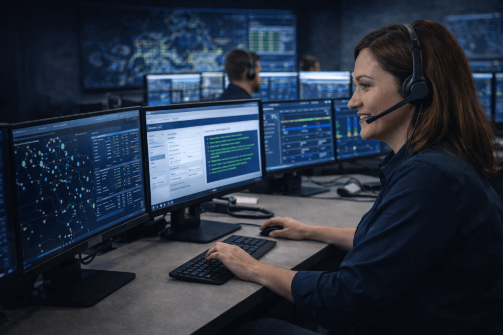 Customer service agent monitoring multiple screens in a control center