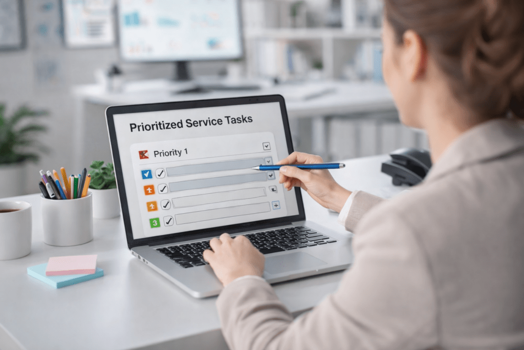 Person reviewing service request checklist on a laptop