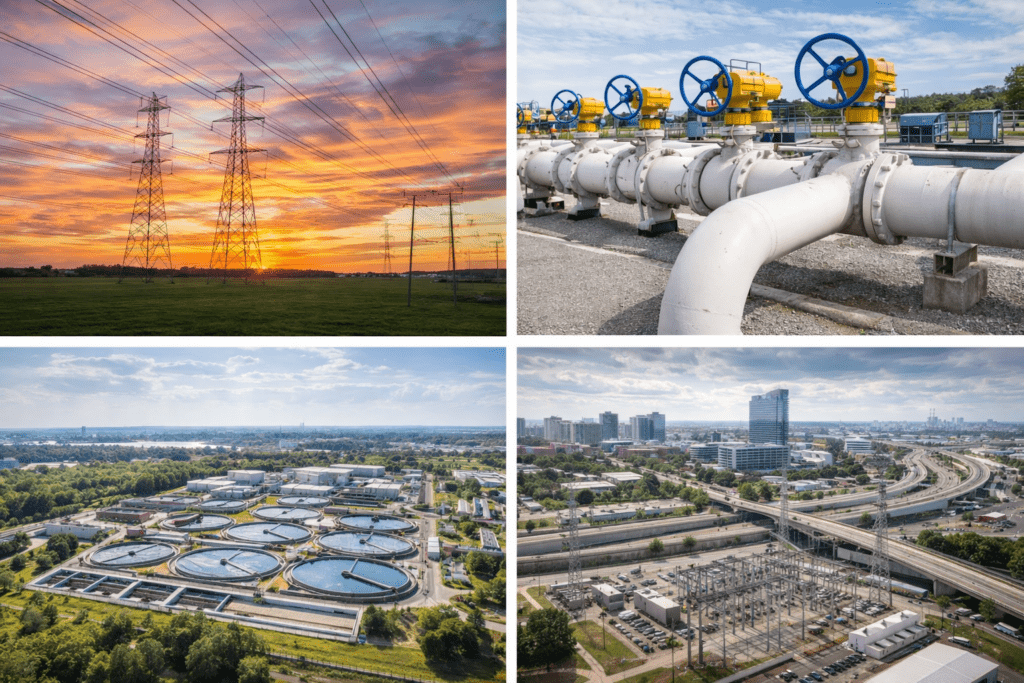 Utility infrastructure collage including pipelines, water treatment, and energy systems
