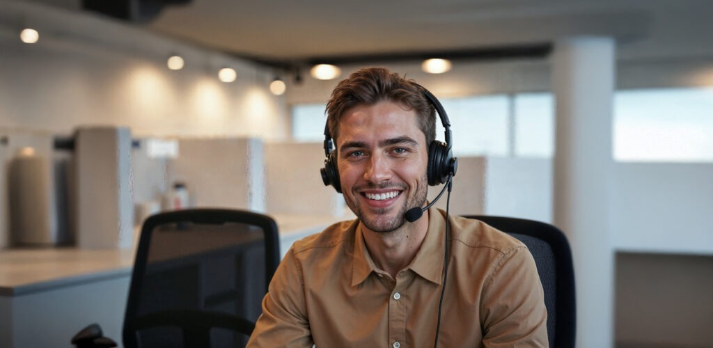 Male customer service representative wearing a headset in a modern office environment